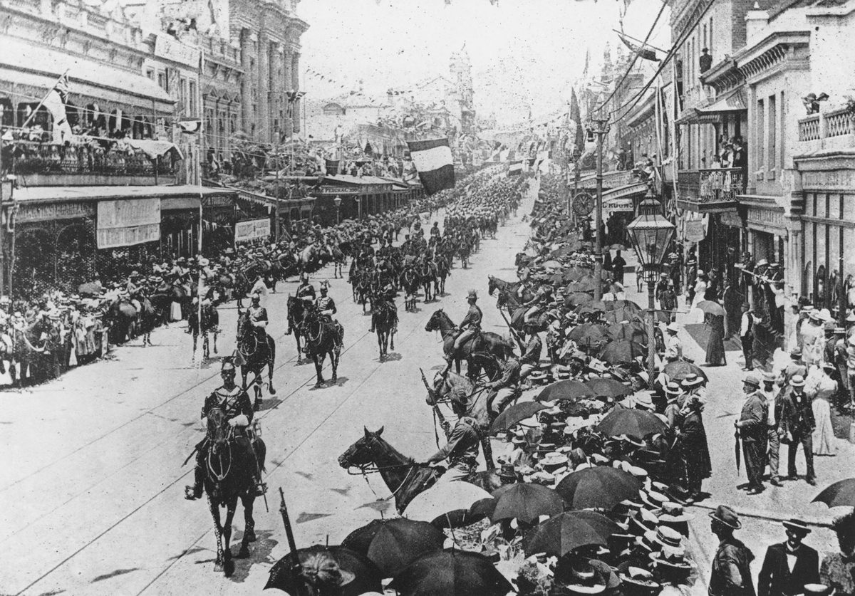 Lancers participate in a military parade during Australian Commonwealth celebrations, 1901
