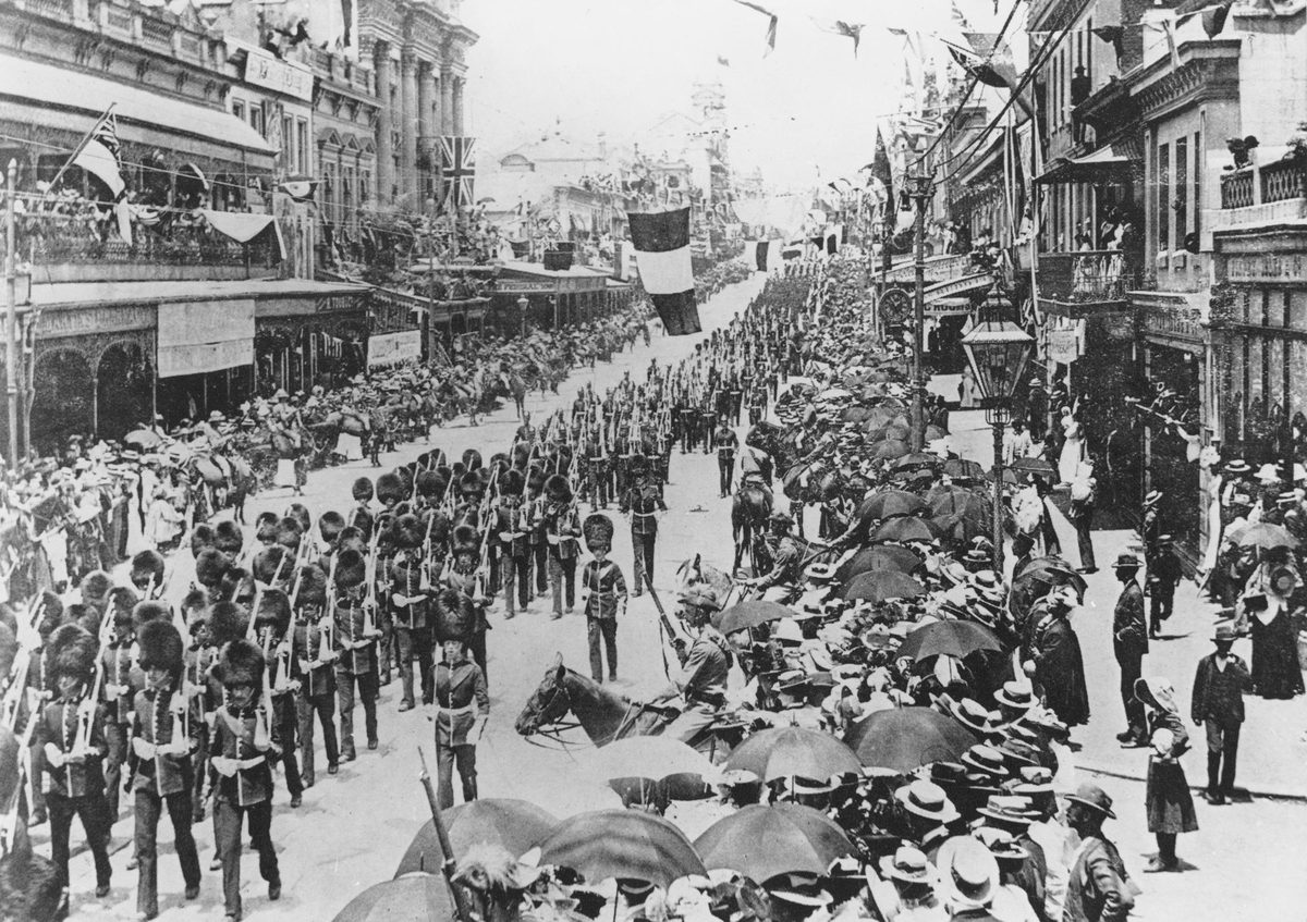 Coldstream guards marching during Australian Commonwealth celebrations, Brisbane, 1901