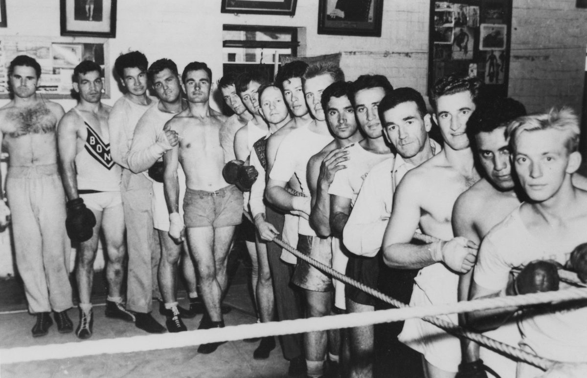 American soldiers training for a boxing match at the Brisbane Stadium, May 1942