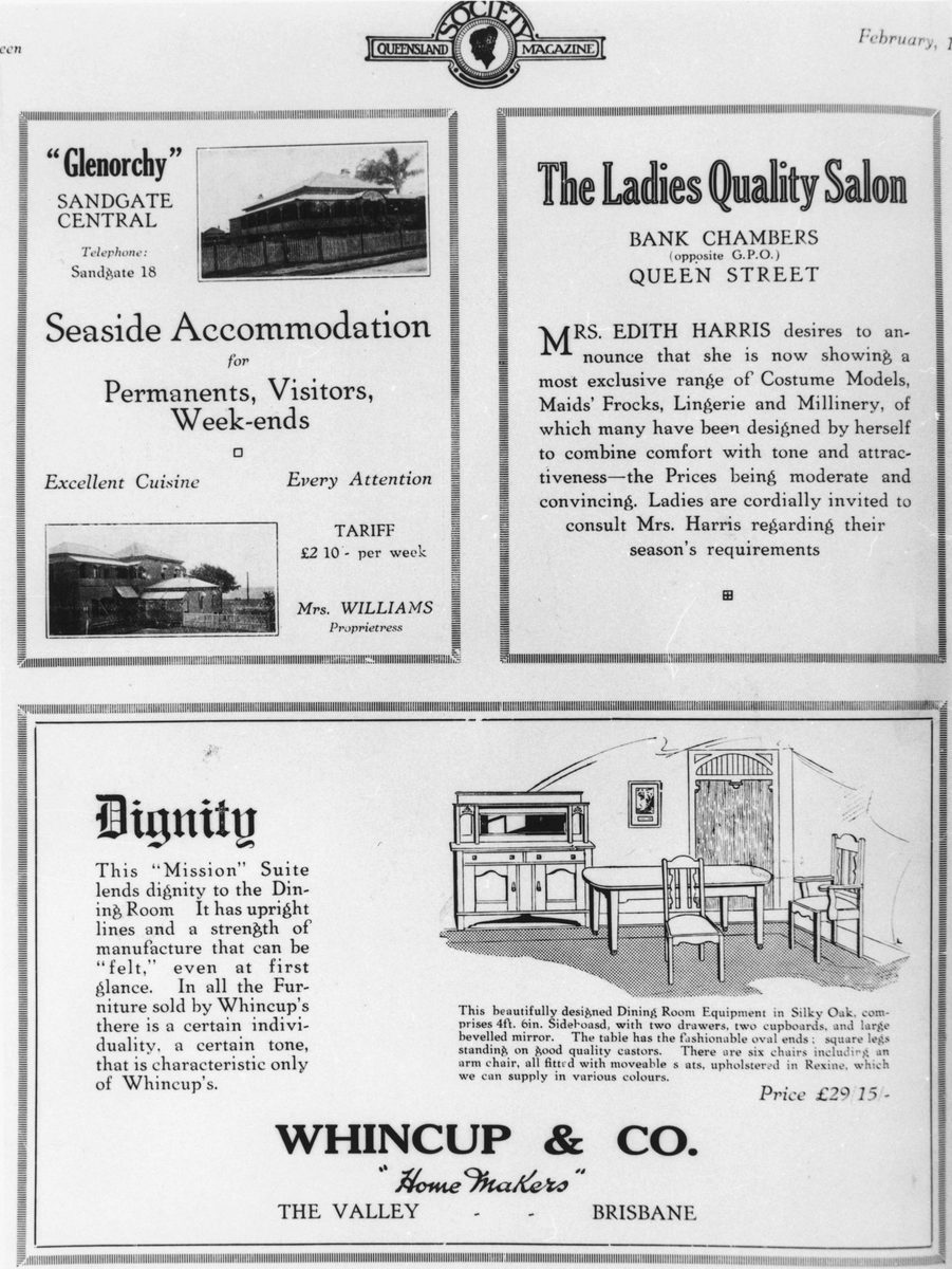 Three advertisements appearing in Queensland Society Magazine, 1923