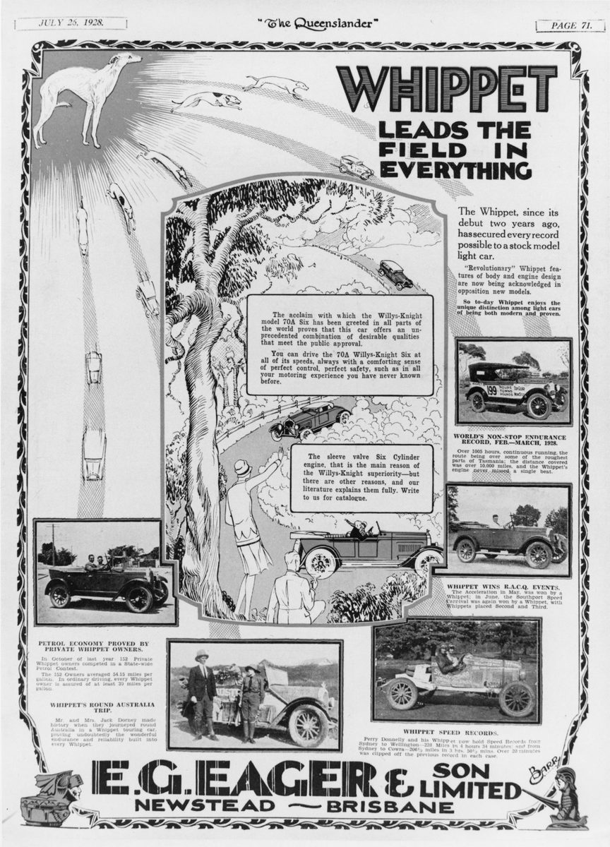Advertisment for E. G. EAger & Son Ltd, agents for Willys Whippet cars