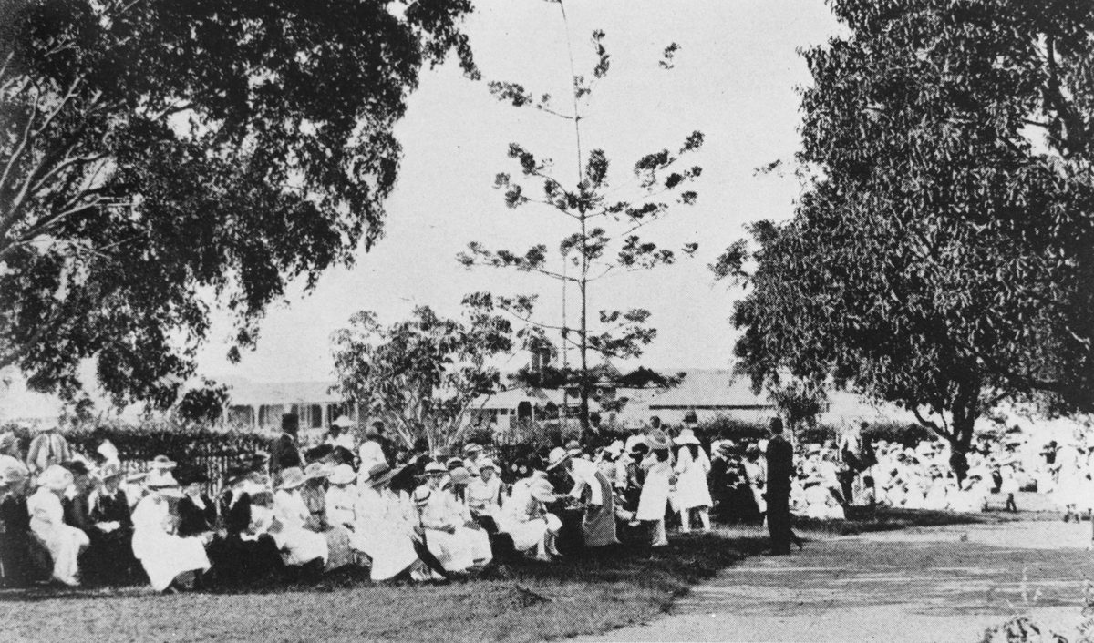 Afternoon tea in the grounds of Alexandra Home, Coorparoo, 1921