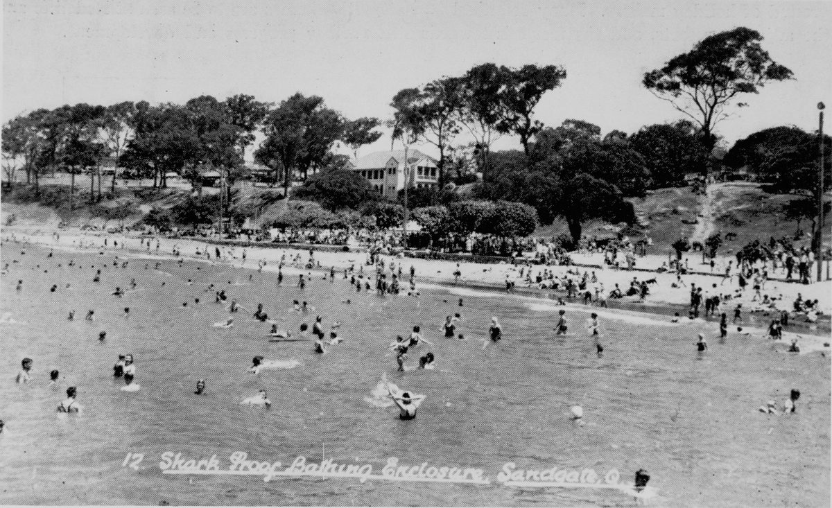 Bathers swimming in the sharkproof bathing area at Sandgate, 1939