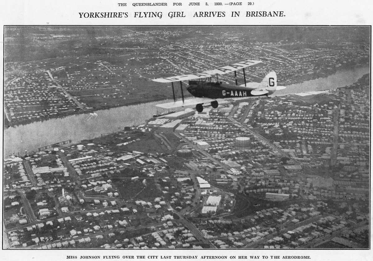 Aviatrix Miss Amy Johnson flying over Brisbane, 1930