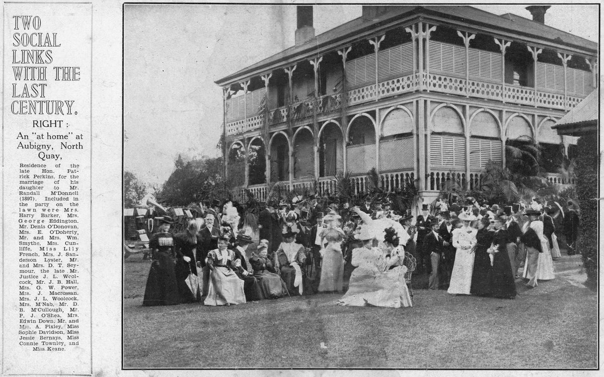 Wedding guests of Miss Perkins and Mr Randall McDonnell in the grounds of Aubigny, at North Quay, Brisbane, 1897