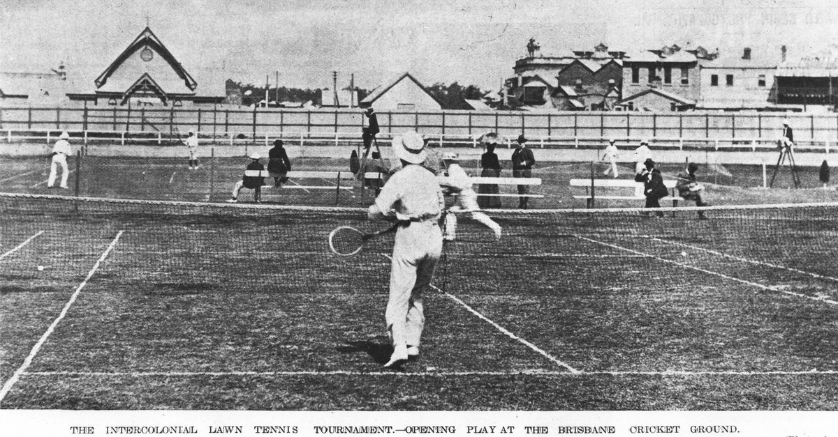Intercolonial Lawn Tennis tournament being played at the Brisbane Cricket Ground, 1899