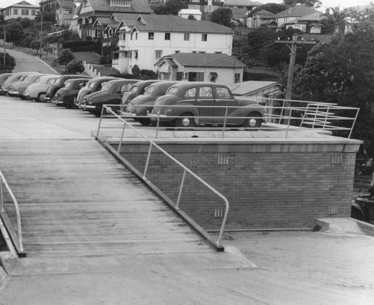 View of the car park on top of the R.A.C.Q. building in Fortitude Valley, 1953