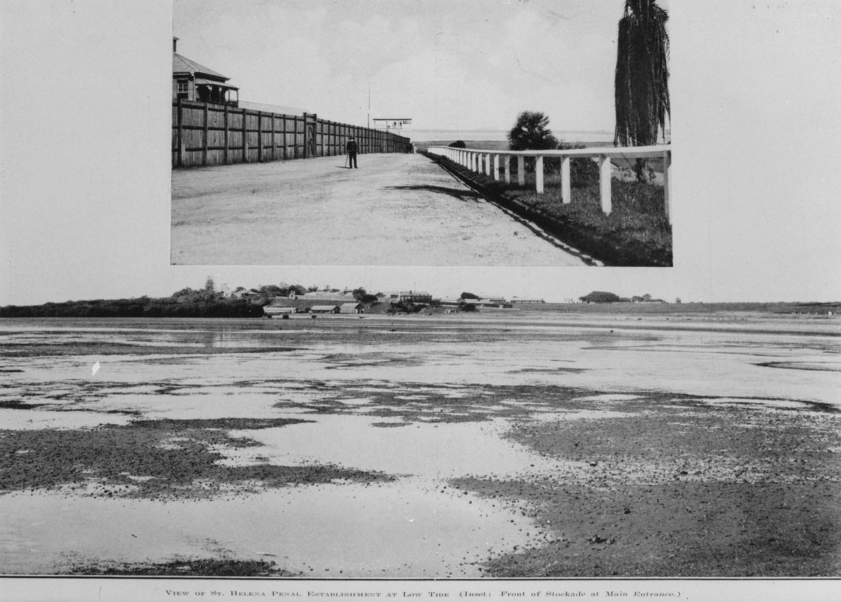 View of the St. Helena penal establishment at low tide, 1914