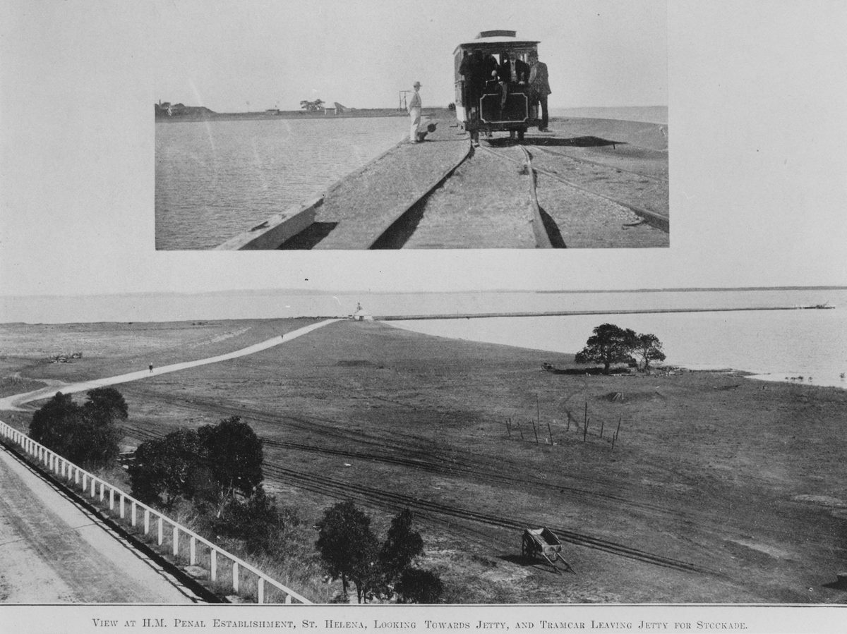 View of the jetty and tramcar on St. Helena Island, 1911