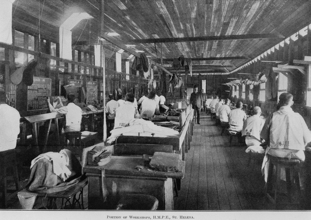 Convicts in the leather shop on St. Helena Island, 1913