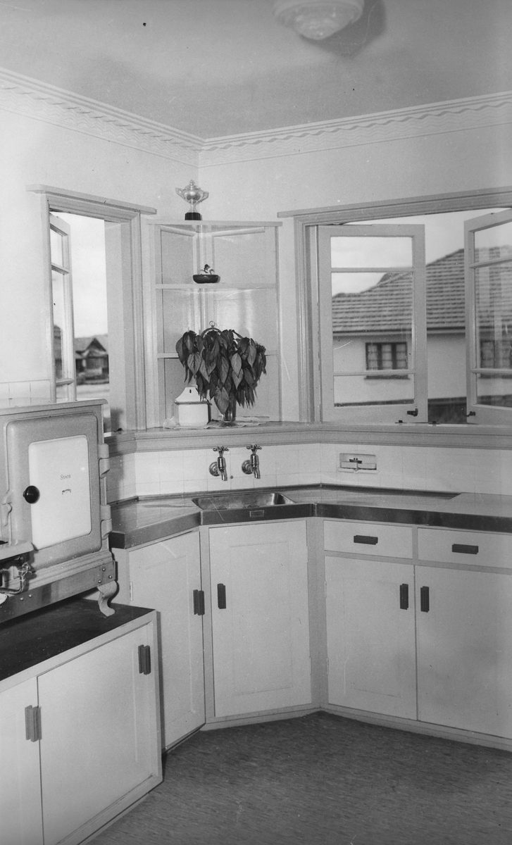 Kitchen in Mr and Mrs E. Robinson's new home, Holland Park, 1940