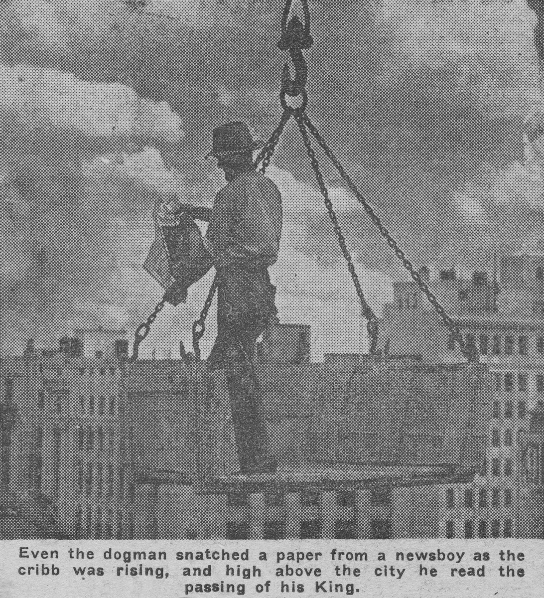 Dogman standing in the crane bucket reads of the death of King George V, Brisbane, 1936