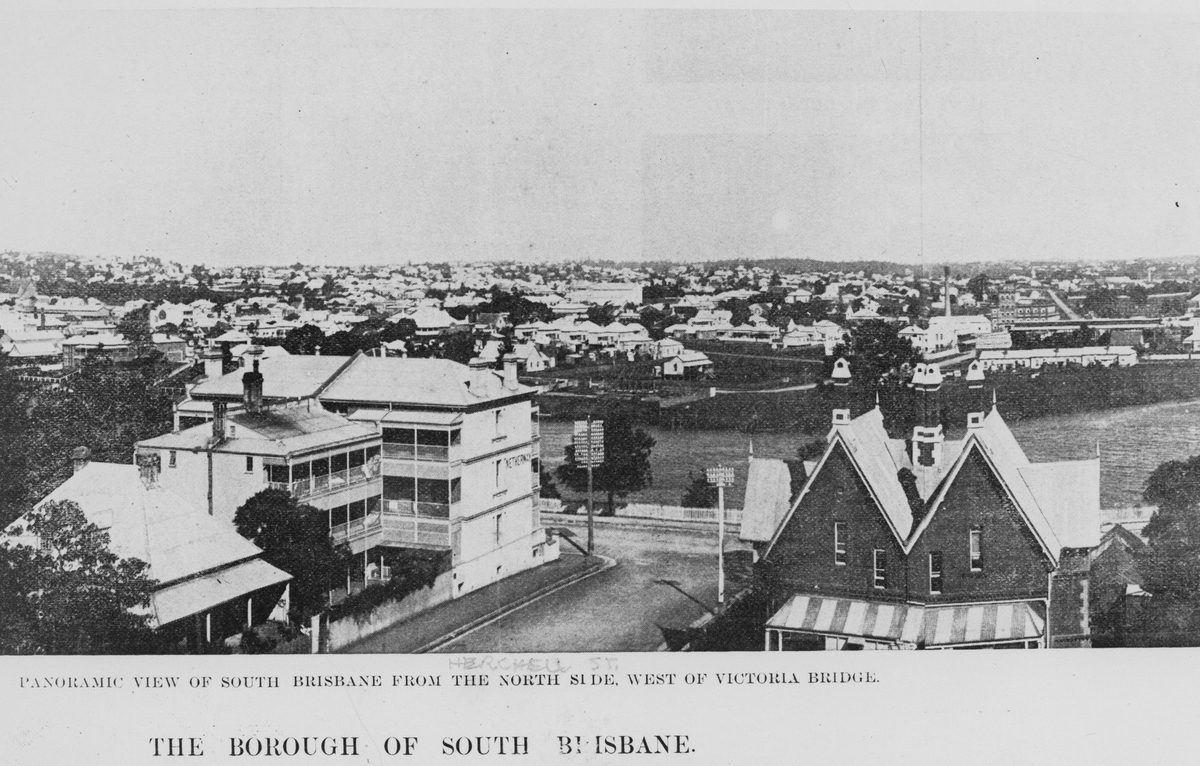 Panoramic view of South Brisbane from the north side, west of Victoria Bridge, 1900