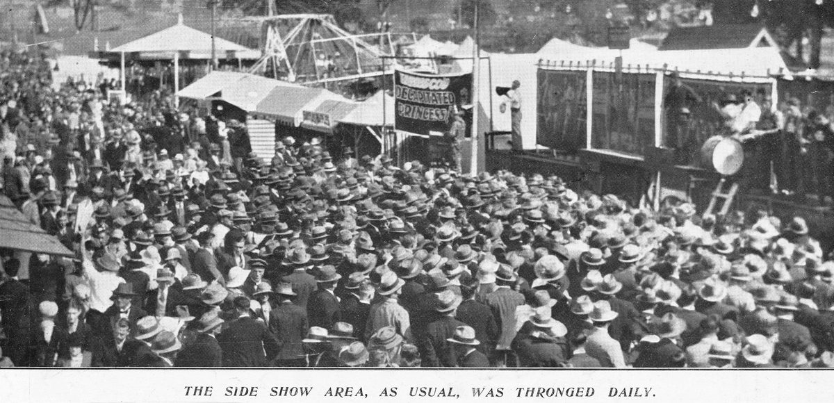 Another busy day in sideshow alley, Brisbane Exhibition Grounds, 1933