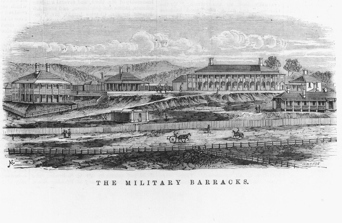 Military barracks, Petrie Terrace, Brisbane, 1872