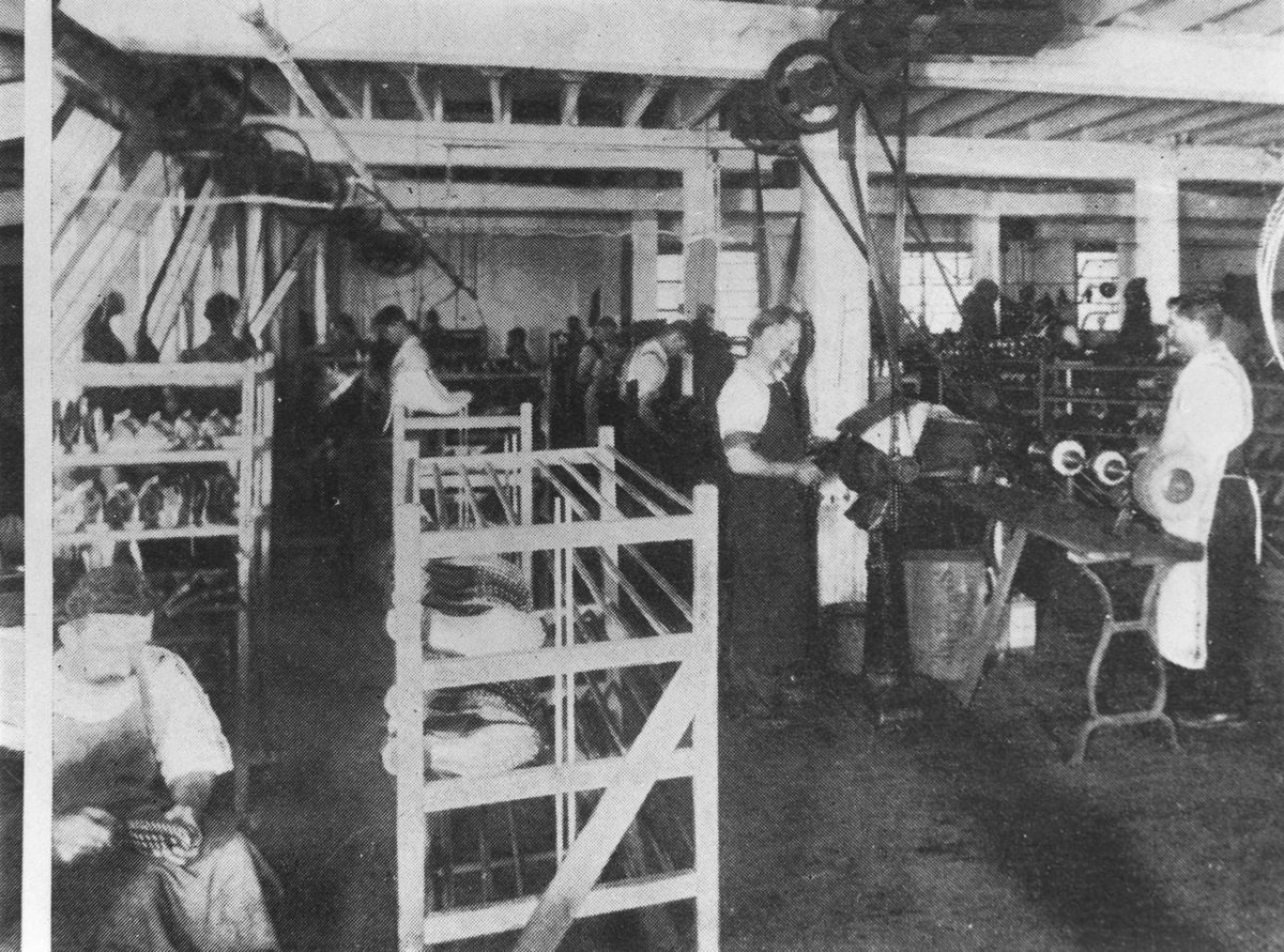 Bootmaker at work, interior view of Davey Halliday Co. Ltd., Brisbane, 1904