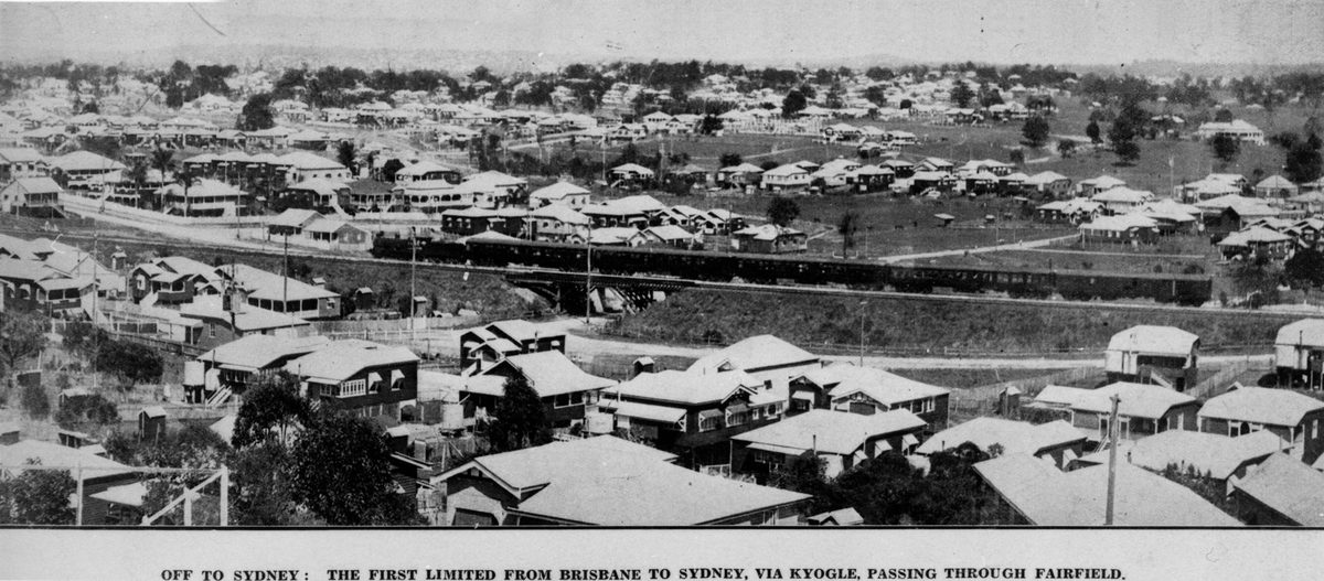 Interstate train passing through Fairfield, Brisbane, 1930
