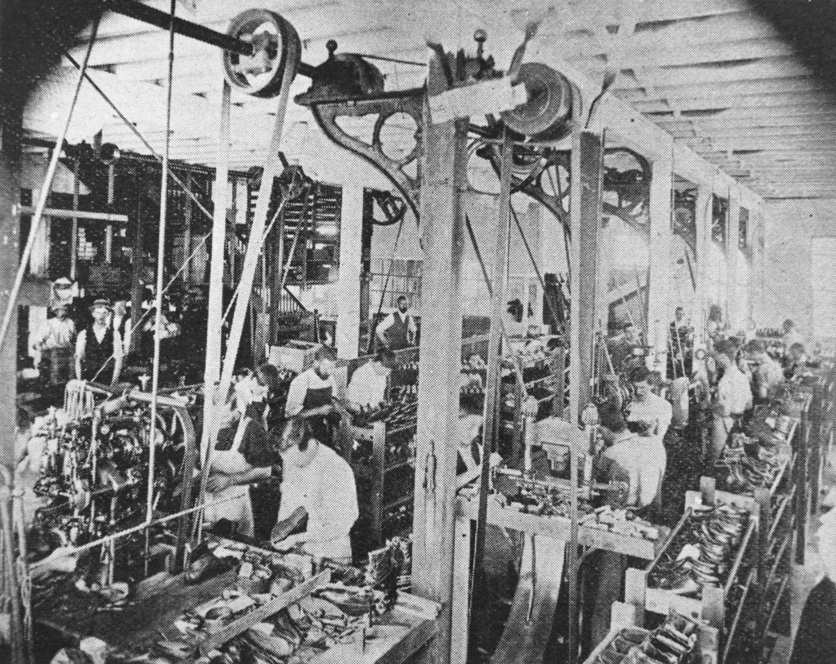 Interior of the Astill & Freeman boot factory in Cordelia Street, South Brisbane, Queensland, 1900