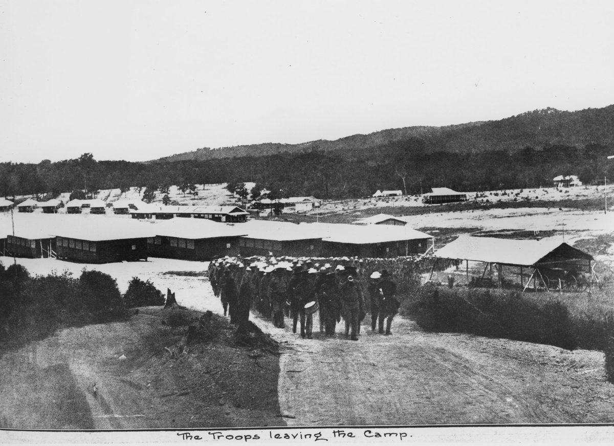 Troops marching out of Fraser's Camp, Enoggera, 1917