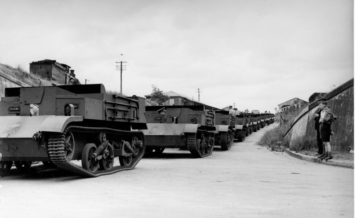 Australian-made tanks driving to military camps in Brisbane, 1941