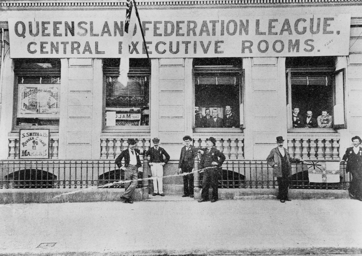 Headquarters fo the Queensland Federation League A.M.P. Building in Brisbane during the referendum on Federation, 1899