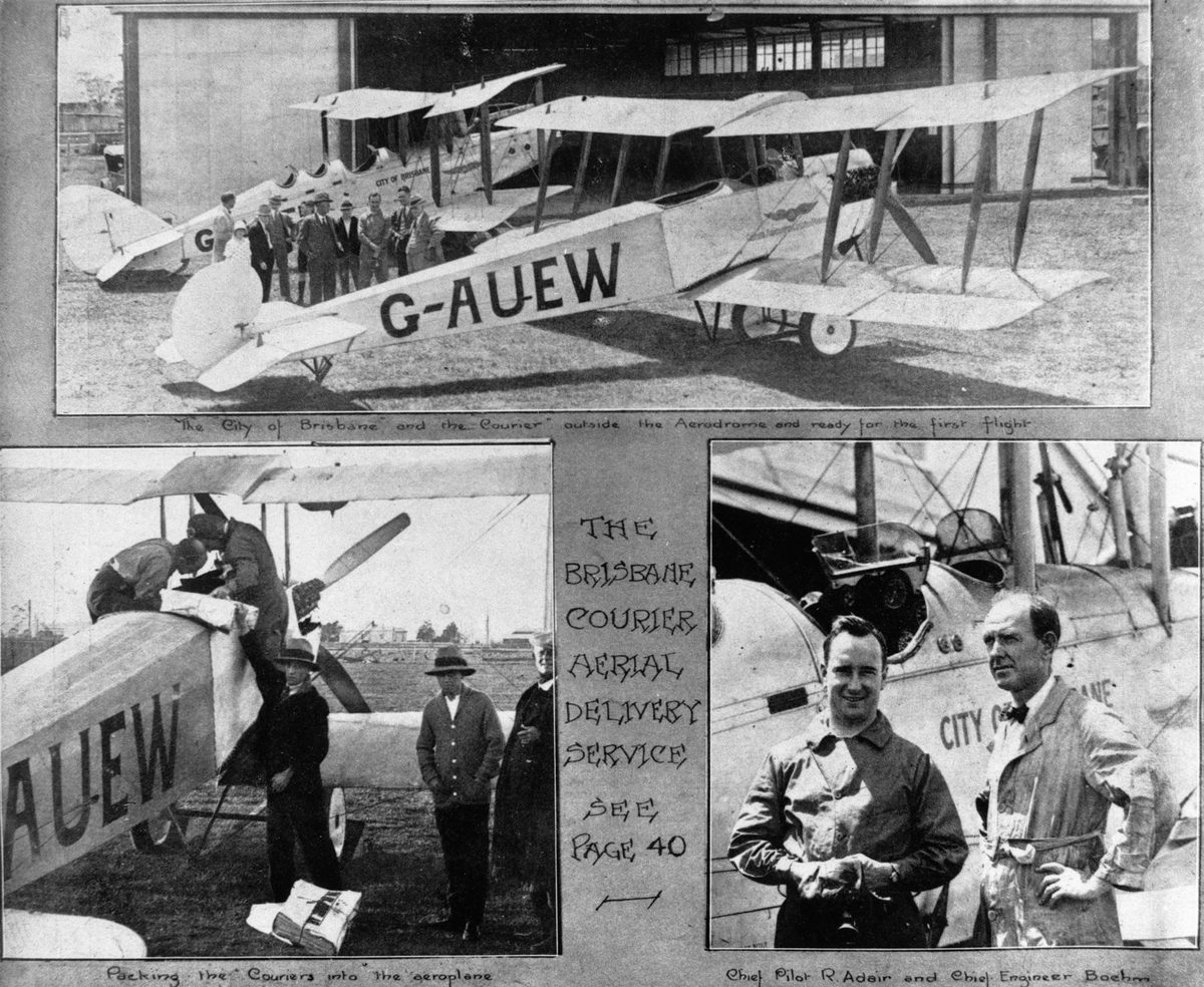 Collage of photographs marking the commencement of Brisbane Courier newpaper aerial delivery service, January 1927