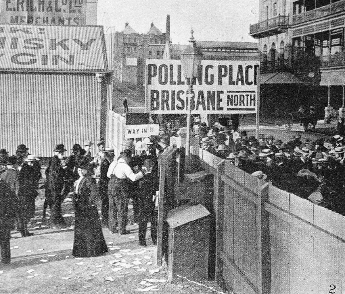 Women inside the gate of the city polling station, voting for the first time in a Queensland state election, May 1907 [suffragette movement in Queensland]