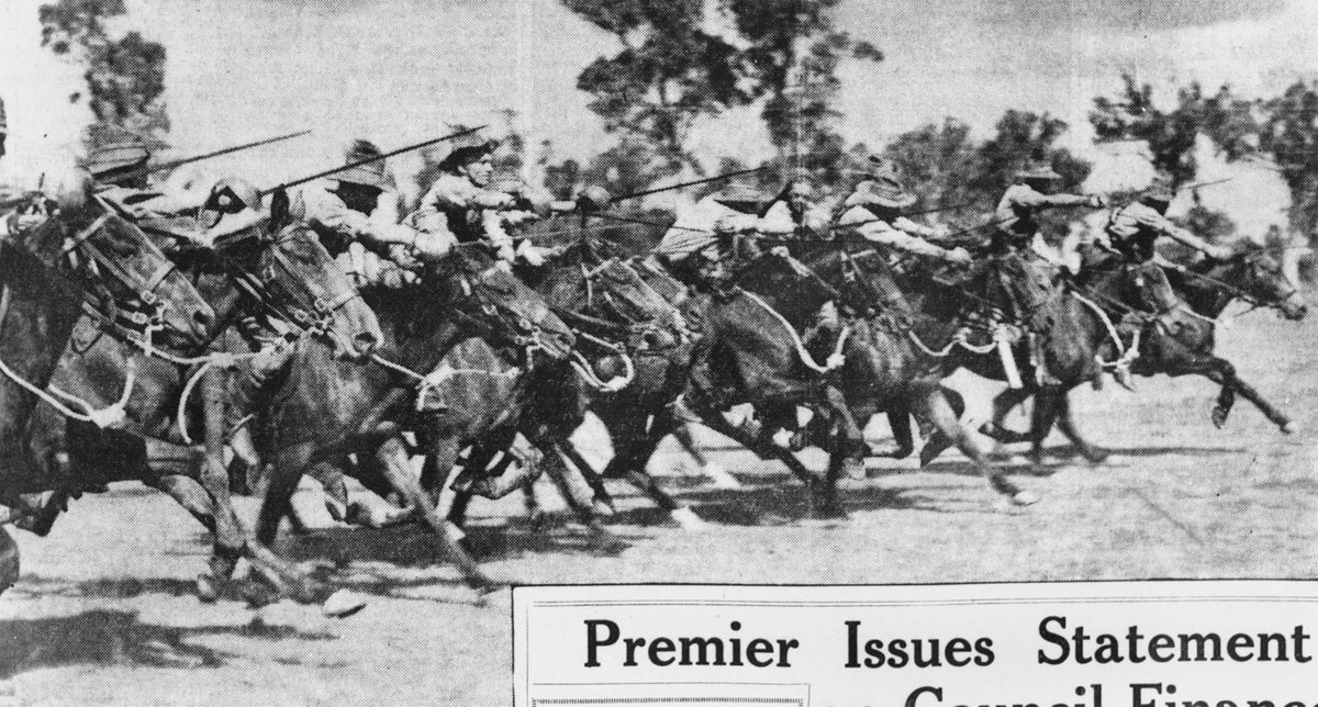 Sabre charge by the Light Horsemen at an army camp in Chermside, Brisbane, 1939