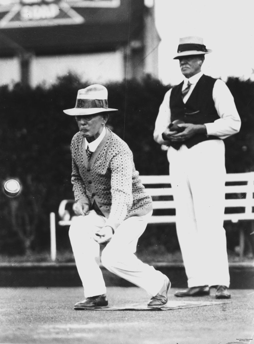 J. D. Quaid in action at the Booroodabin Bowling Club, Brisbane, 1935