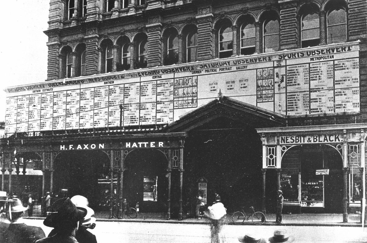 Posting of the election results on the outside of the Courier building, 1907