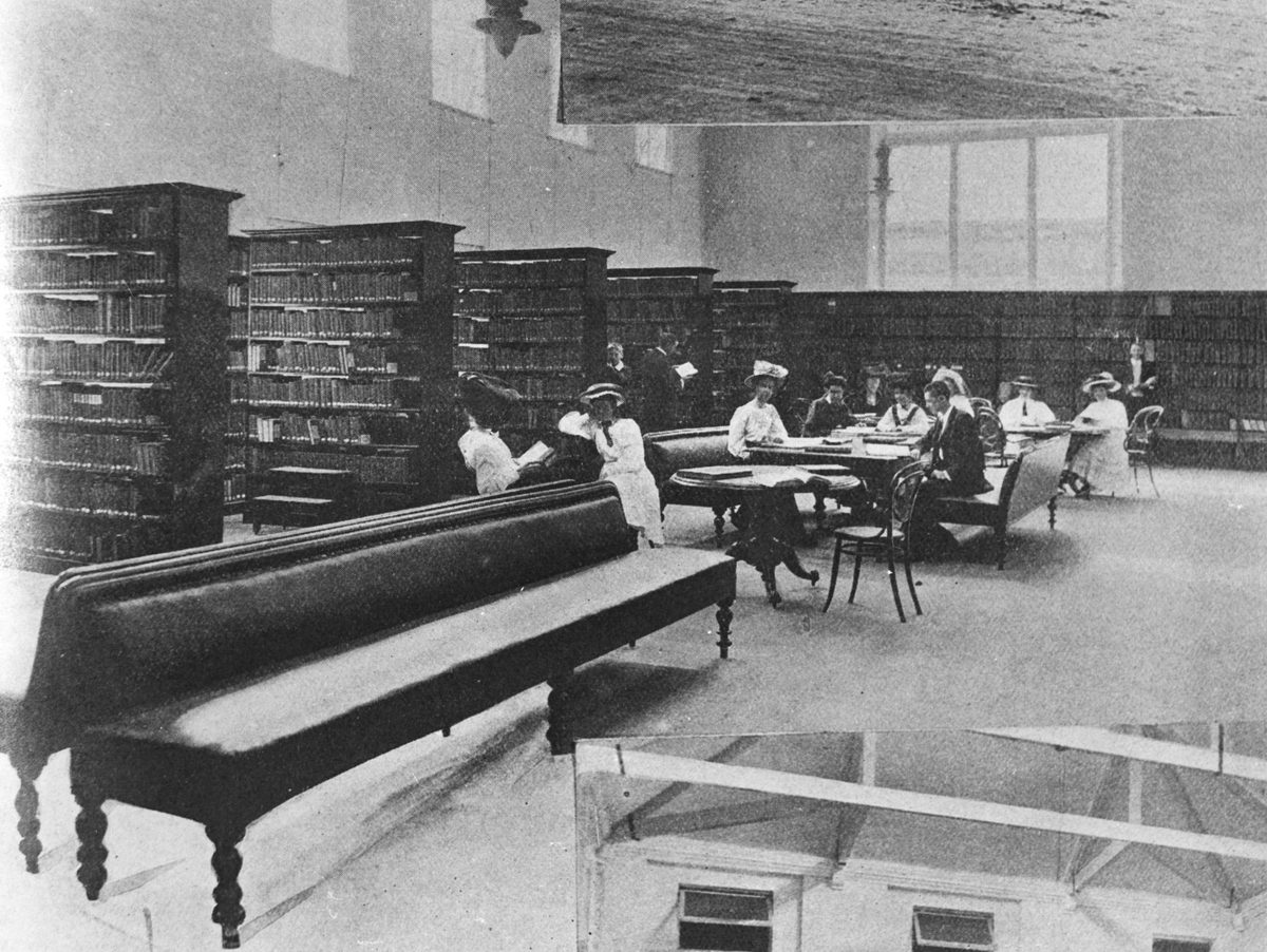 Interior view of the library at the Brisbane School of Arts, 1908