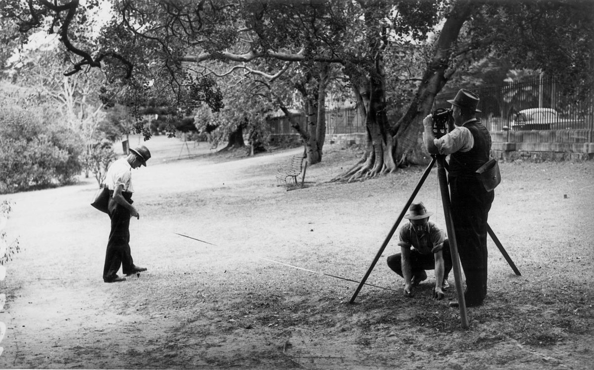 Measuring for construction of slit air raid trenches in the Botanic Gardens, Brisbane, January 1942