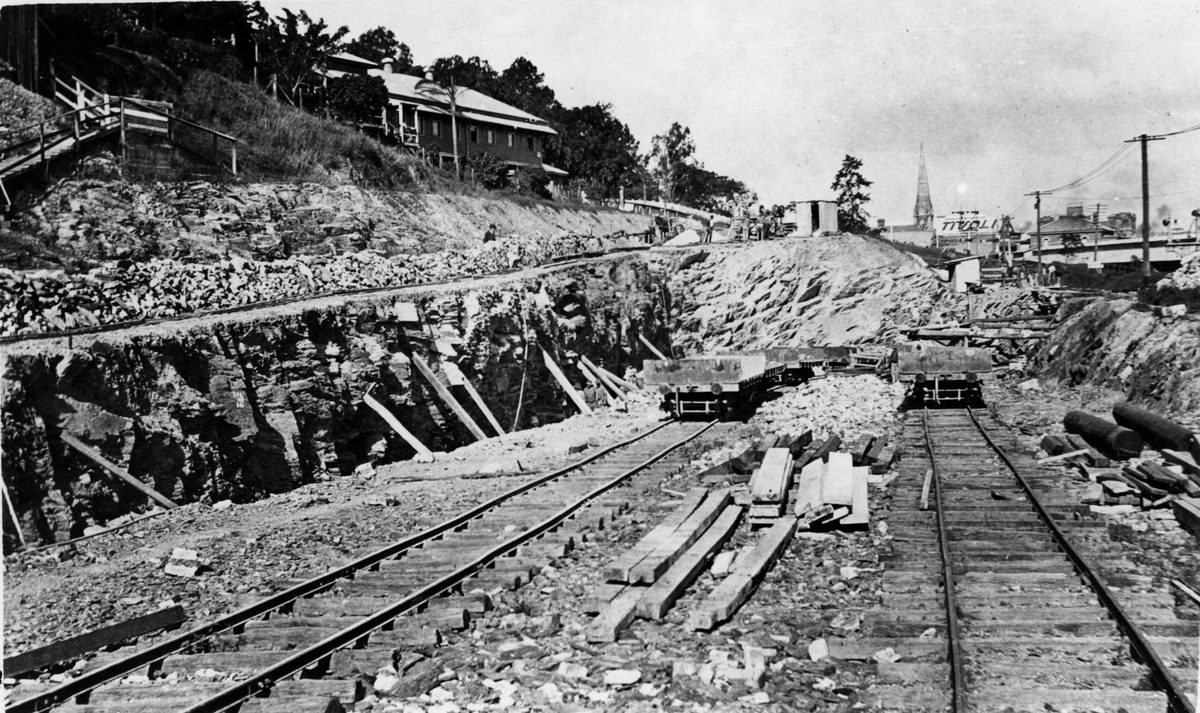 Construction of railway tracks at Roma Street Station, Brisbane, 1912