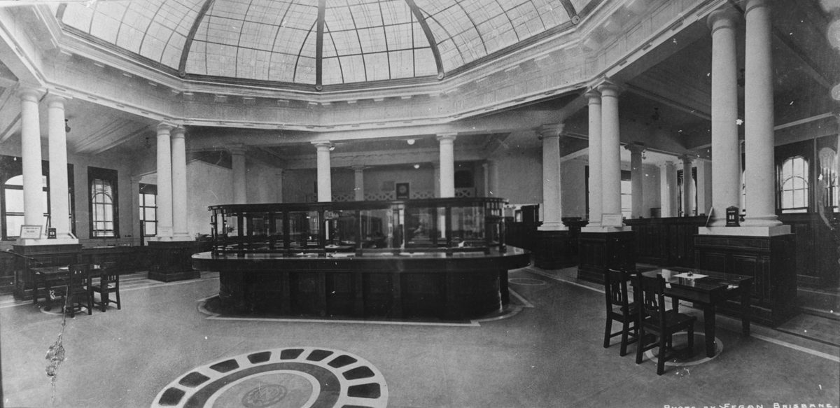 Interior view of the Queensland National Bank, as seen from the front entrance, Brisbane, 1922