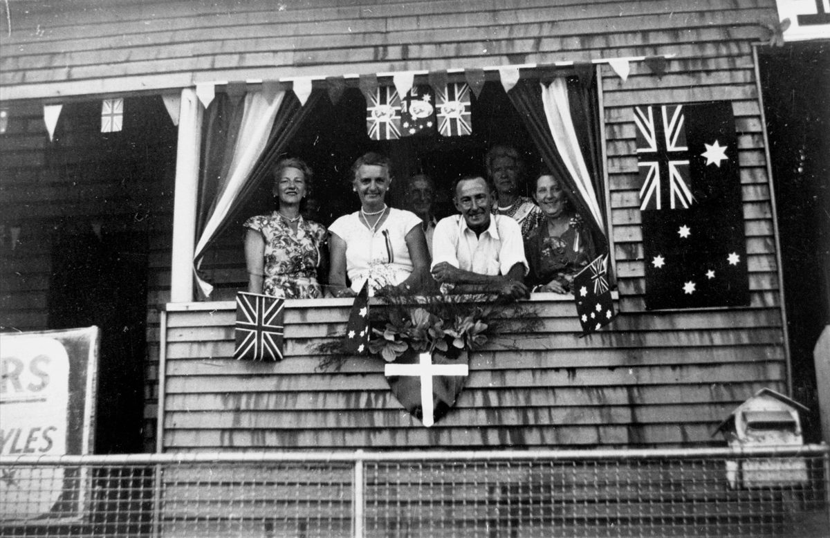 'Belvedere' in Coronation Drive, Brisbane, decorated for The Queen and Prince Philip's visit in March 1954