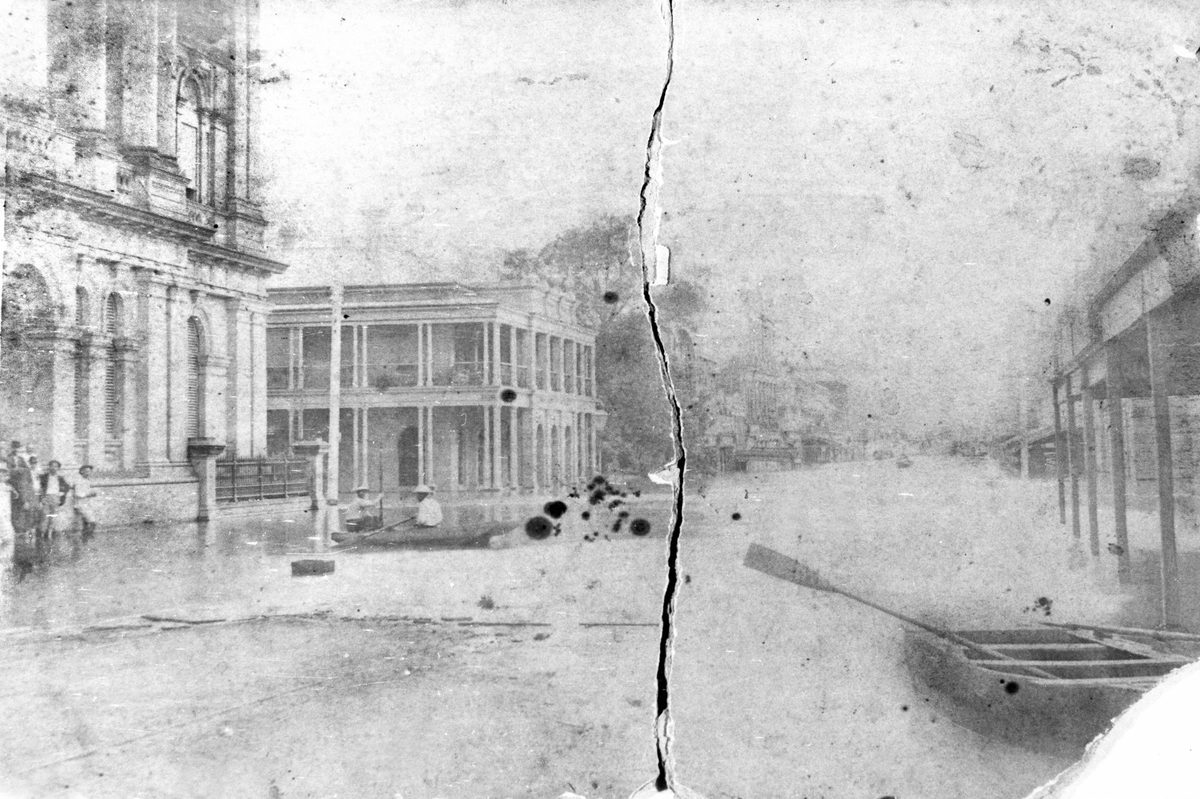 Flooded street outside the Union Bank, Brisbane, 1893