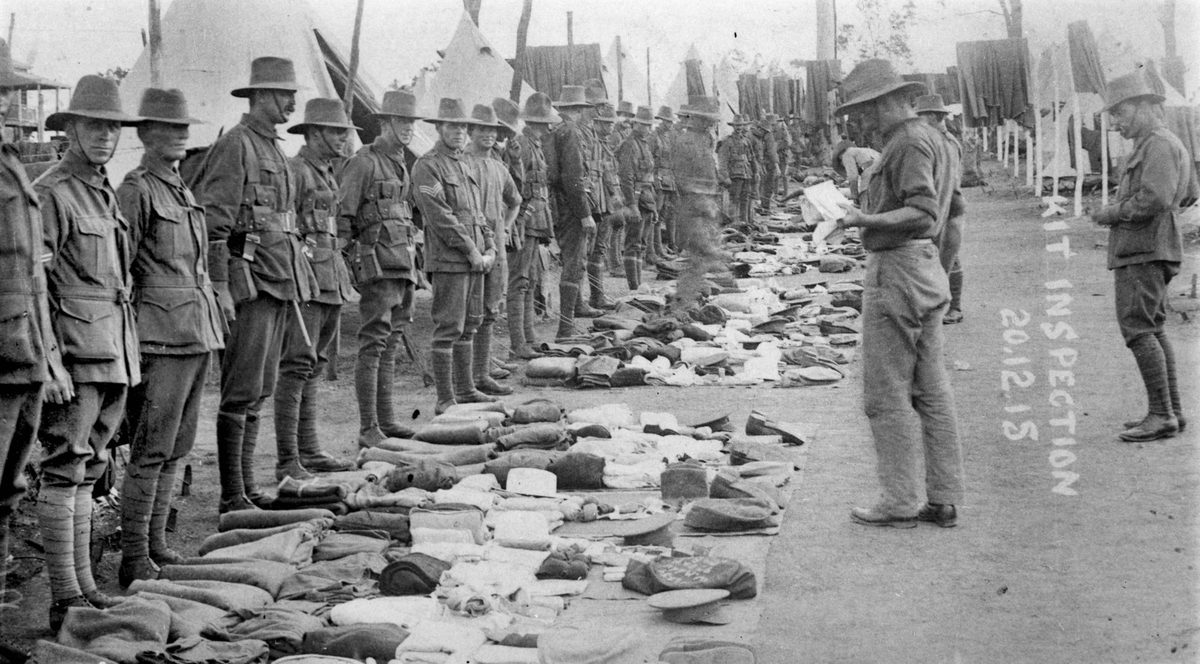 Kit inspection at the Army camp, Brisbane, 1915