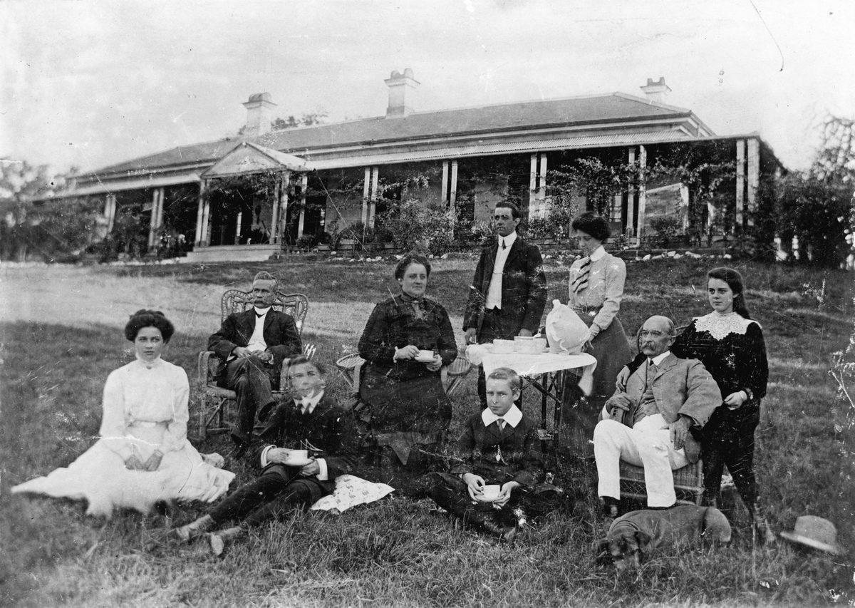 Tea on the lawn in front of Claremont, the Wilson residence at Ipswich, 1910
