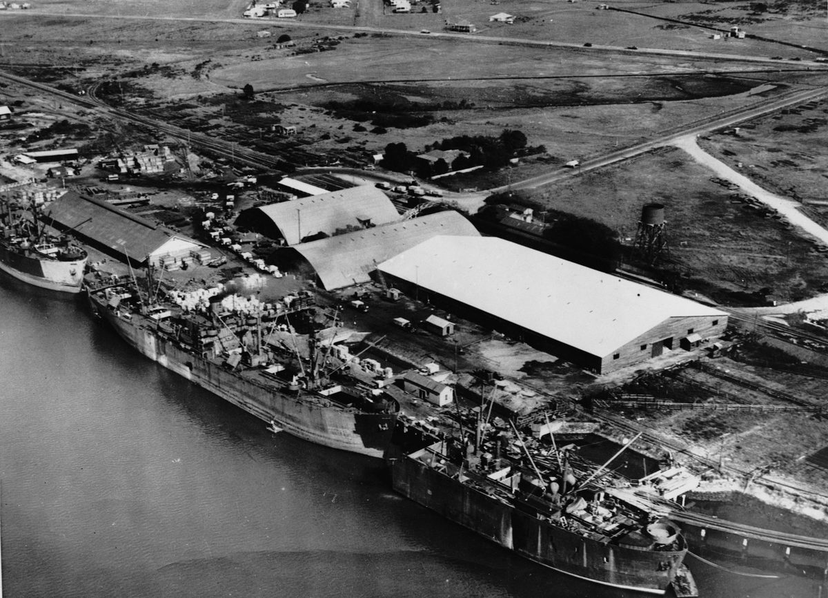 Aerial view of Pinkenba wharf, 1945