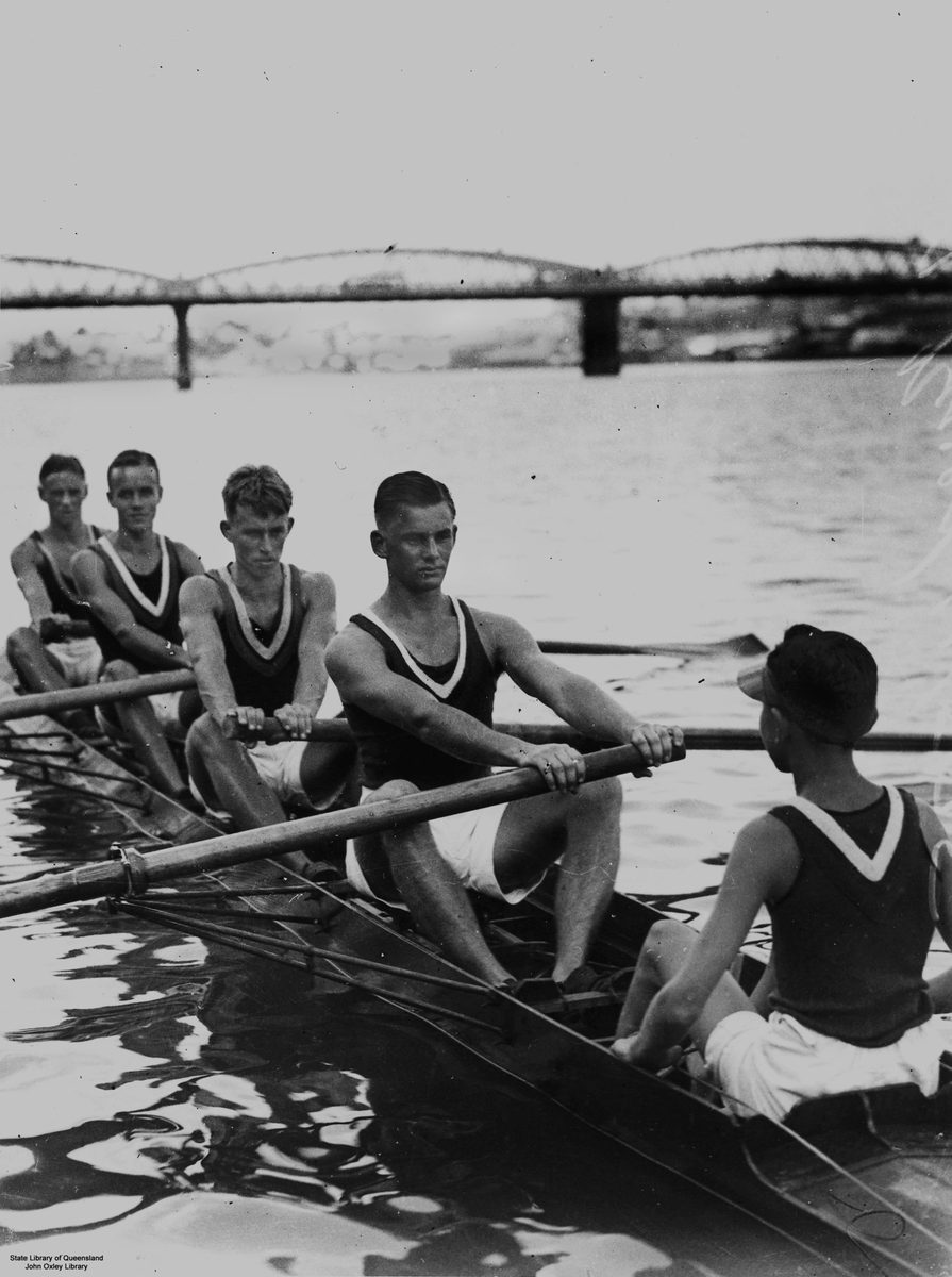 Brisbane Boys' College rowing on the Brisbane River, 1935