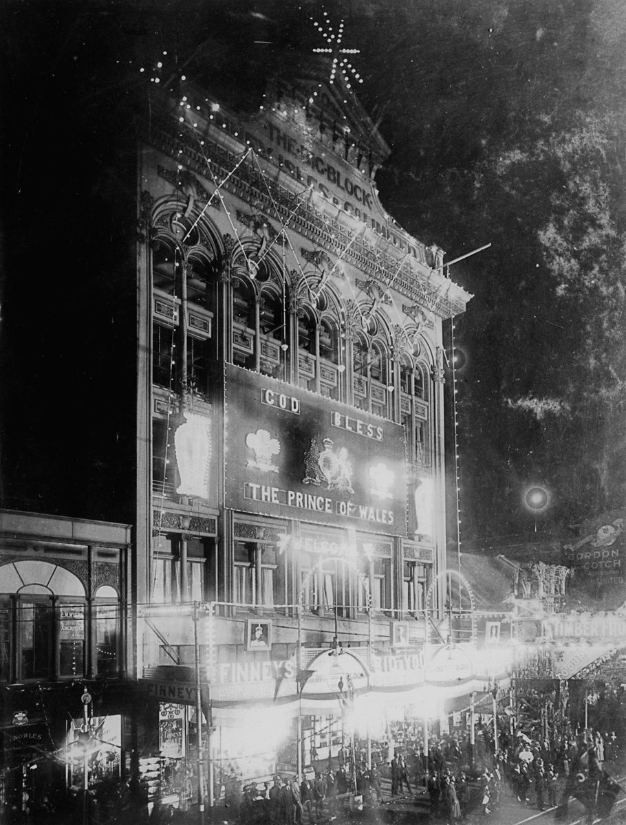 Messrs Finney, Isles and Company's building illuminated in honour of the visit to Brisbane of the Prince of Wales, July 1920