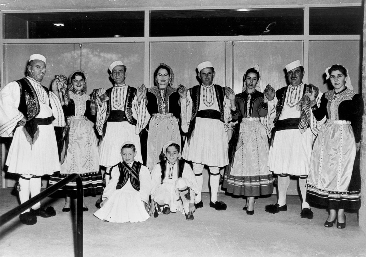 Albanian Flag Day celebrations in the C. D. A. Hall in Adelaide Street, Brisbane, in 1945