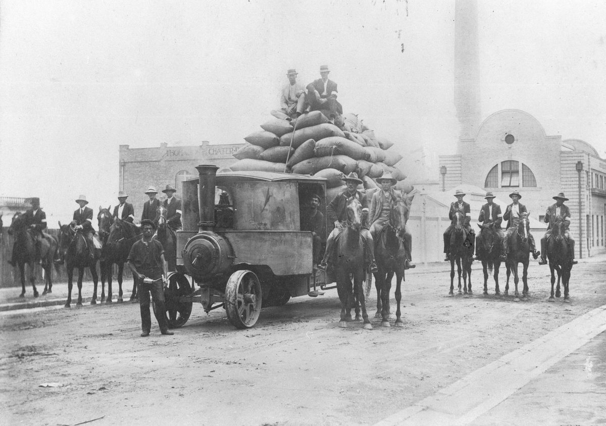 Bushmen guarding essential foodstuffs during the General Strike, Brisbane, 1912
