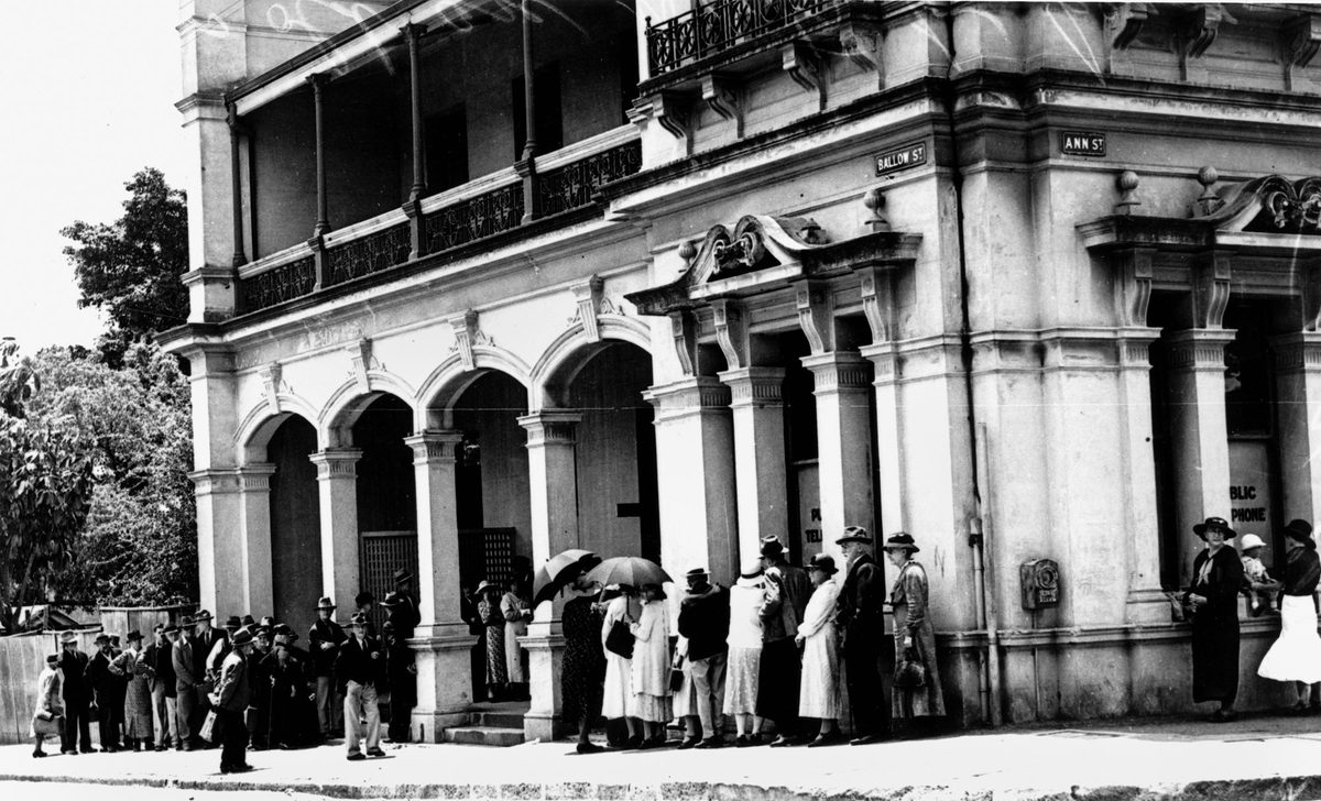 Waiting for pensions outside Fortitude Valley Post Office, 1936