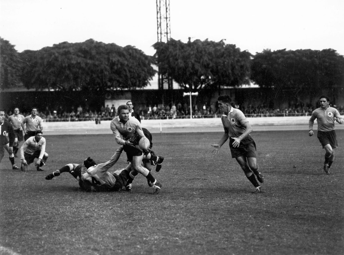 Queensland plays New South Wales in a Rugby Union match at the Brisbane Exhibition Ground, June 1950
