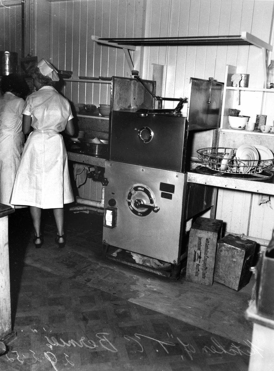 Commercial dishwasher in the kitchen of T. C. Beirne's department store, Brisbane, 1952