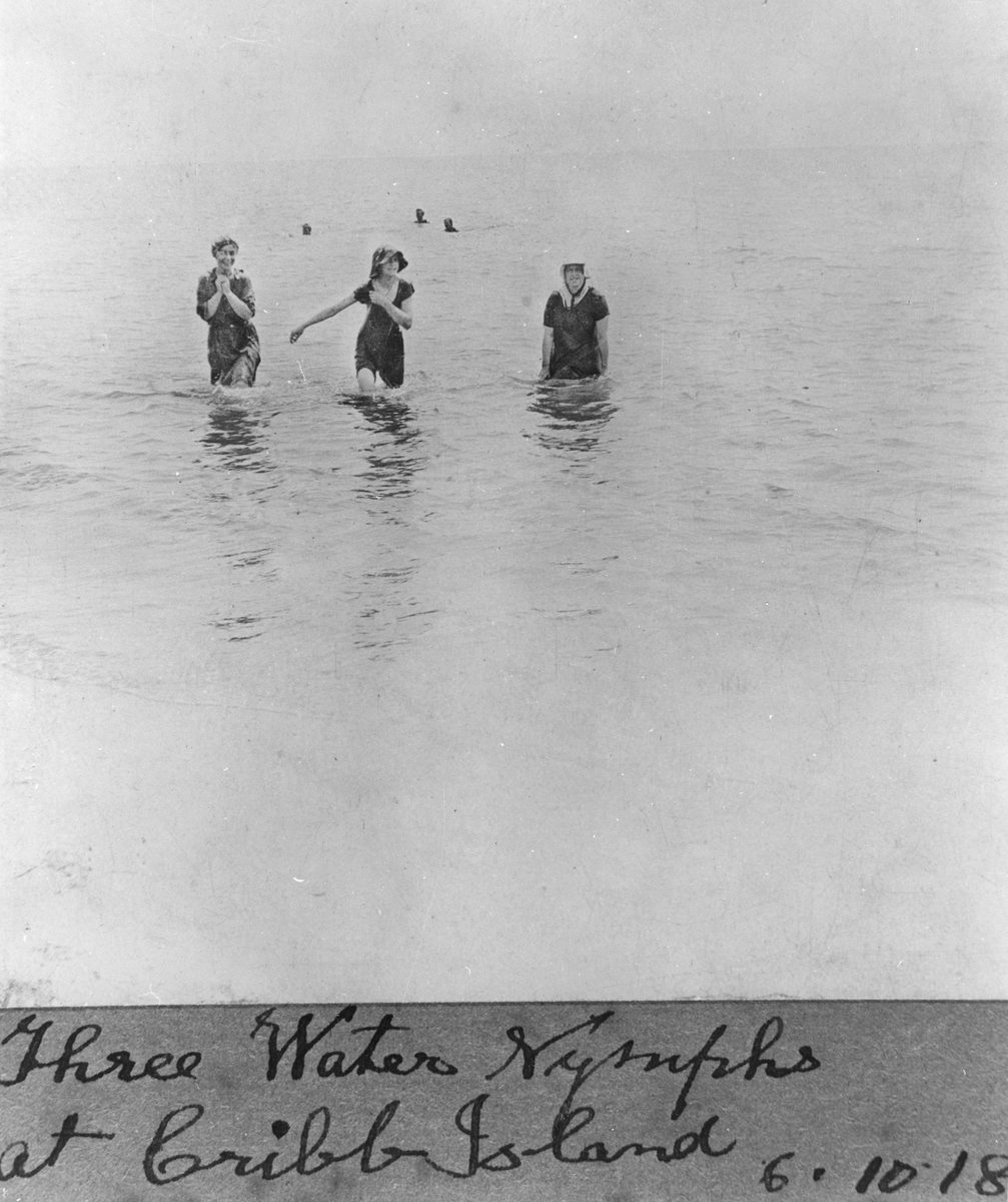 Three young ladies enjoying a swim at Cribb Island, Brisbane, 1918