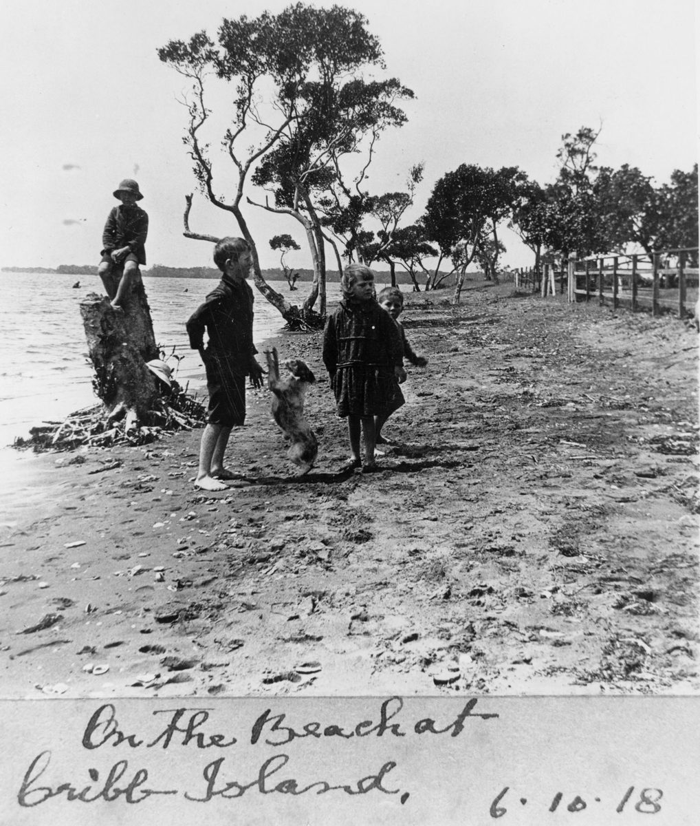 Children playing on the beach at Cribb Island, 1918