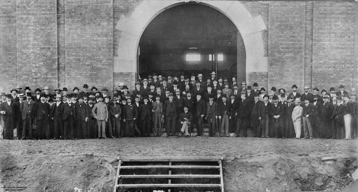 Group of men and other dignitaries ouside the Ipswich Powerhouse, Queensland, 1902