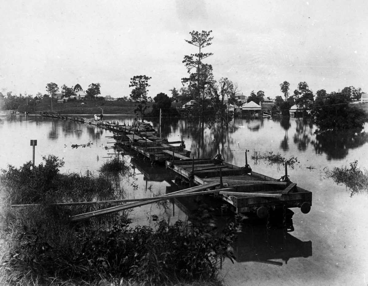 Makeshift bridge of railway wagons during the 1890 flood in Auchenflower, Brisbane